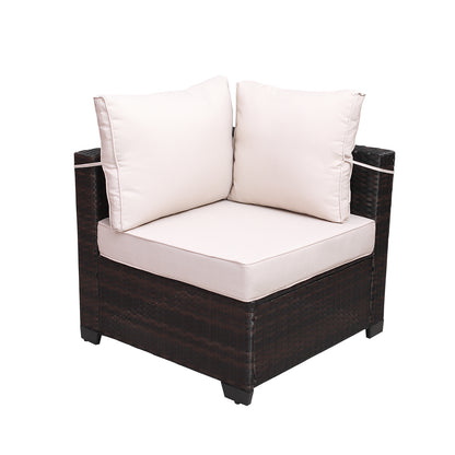 7pc Brown & Beige Patio Set – Outdoor Rattan Sectional w/ Glass Table