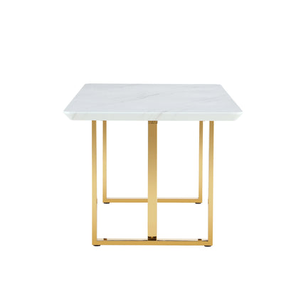 Table and chair set.67"x36" White marble pattern MDF Dining Table Set with 8 Dark Gray PU Chairs.MDF sticker,White marble pattern sticker,Gold C-tube chair legs,Suitable for kitchen,Dining room,etc.