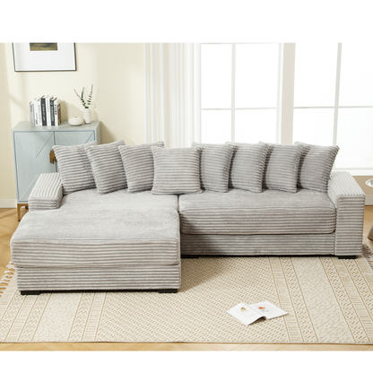 Oversized Two-Piece  Couches,  L Shaped Sofa, Corduroy, Left Chaise Daybed,with Armrests,Eight Throw Pillows,Corner Sofa,Easy To Assemble,  Gray