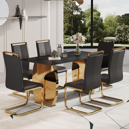 Table and chair set,Modern rectangular table with 0.4 inch black patterned tabletop and gold legs, suitable for kitchen, dining room, and living room , Comfortable PU seats,perfect for dinner, meet