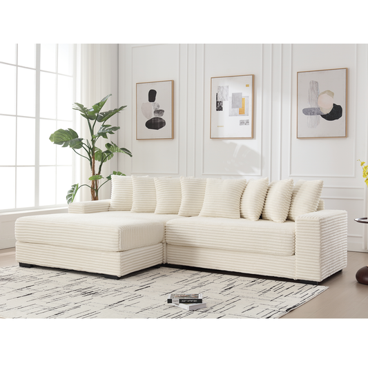 Oversized Two-Piece  Couches,  L Shaped Sofa, Corduroy, Left Chaise Daybed,with Armrests,Eight Throw Pillows,Corner Sofa,Easy To Assemble, Beige