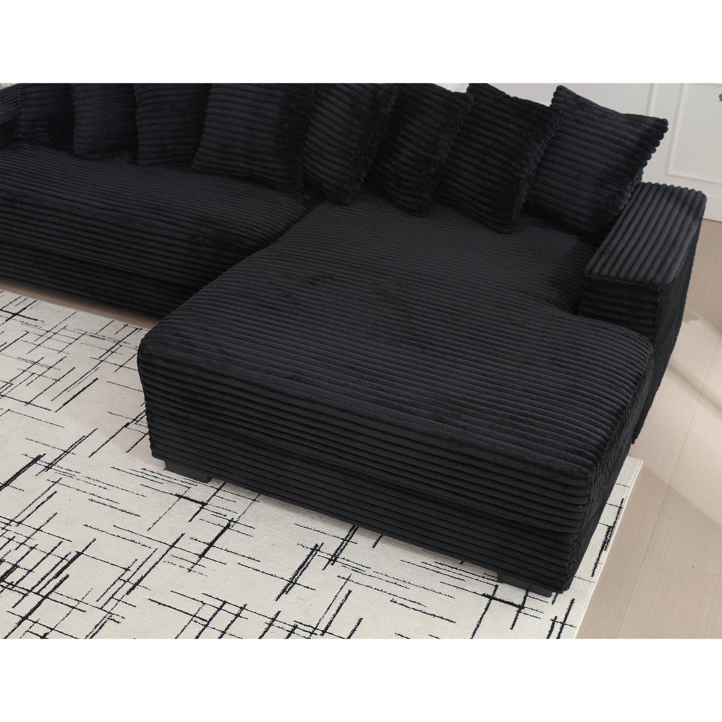 Oversized Two-Piece  Couches,  L Shaped Sofa, Corduroy, Right Chaise Daybed,with Armrests,Eight Throw Pillows,Corner Sofa,Easy To Assemble,  Black
