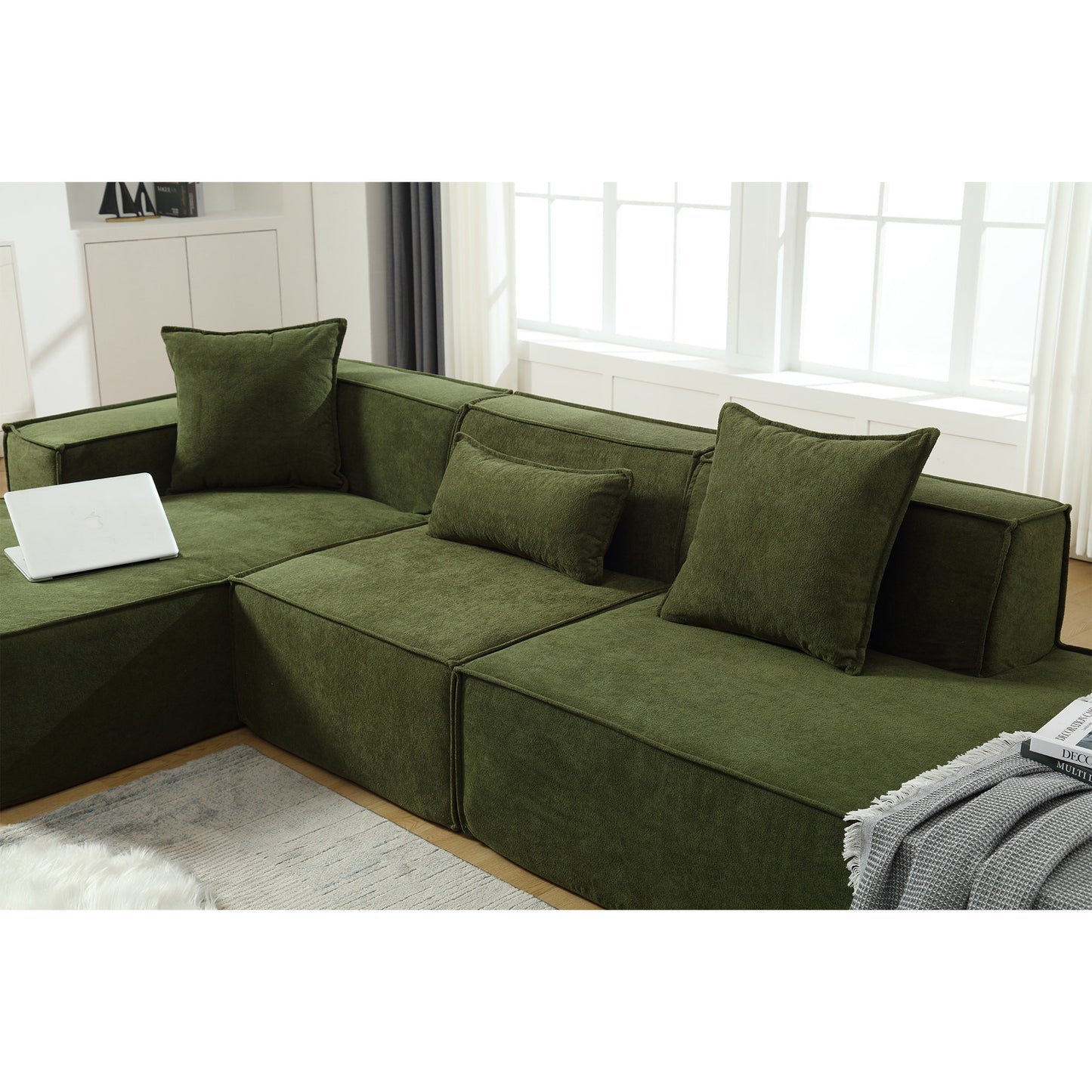 Modular combination  sofa set, modern minimalist sofa, free installation sofa, L-shaped, Italian minimalist tofu block sofa,  Right-Hand Facing,Terrycloth fabric, Green