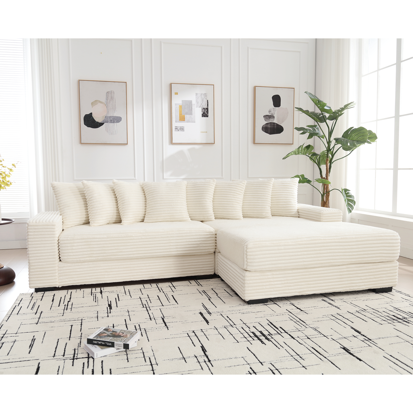 Oversized Two-Piece  Couches,  L Shaped Sofa, Corduroy, Right Chaise Daybed,with Armrests,Eight Throw Pillows,Corner Sofa,Easy To Assemble, Beige