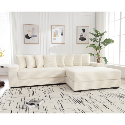 Oversized Two-Piece  Couches,  L Shaped Sofa, Corduroy, Right Chaise Daybed,with Armrests,Eight Throw Pillows,Corner Sofa,Easy To Assemble, Beige