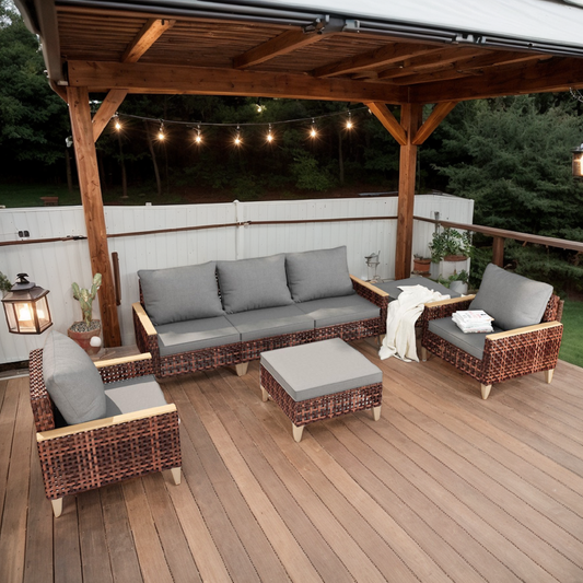 High footed hollowed out rattan terrace furniture set, 5 pieces, 7 seats, sofa set with cushion, 4-inch thick cushion, GREY