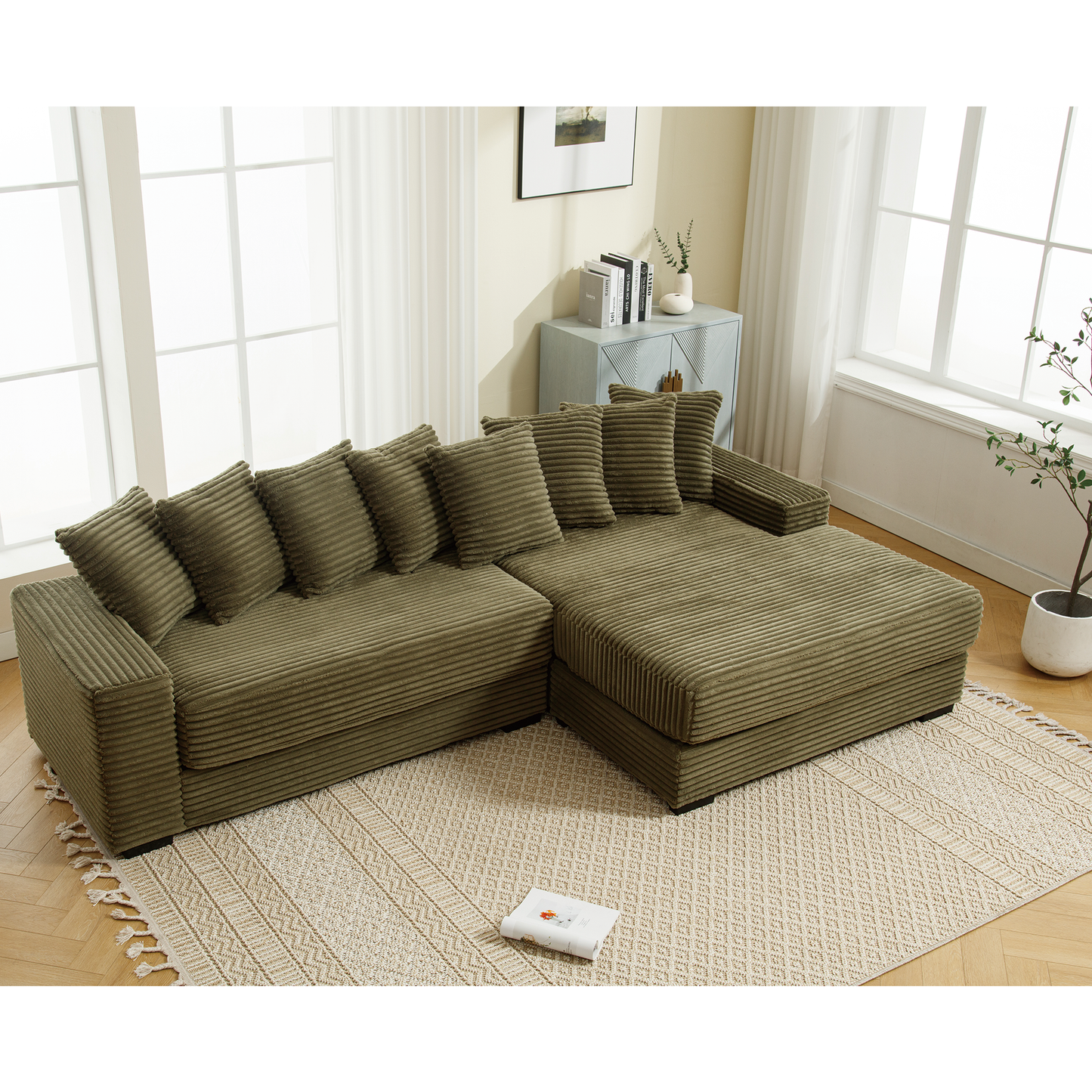Oversized Two-Piece Couches, L Shaped Sofa, Corduroy, Right Chaise Daybed,with Armrests,Eight Throw Pillows,Corner Sofa,Easy To Assemble, Green