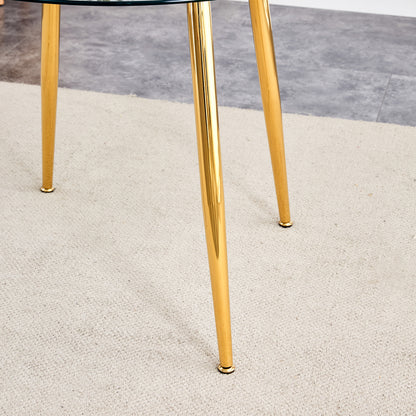 Table and chair set.36 Inch Diameter Modern Luxury Glass Dining Table and Chair Set - Gold Frame, Metal Legs.Two Black PU Chairs with Simple Line Designs On The Backrest.