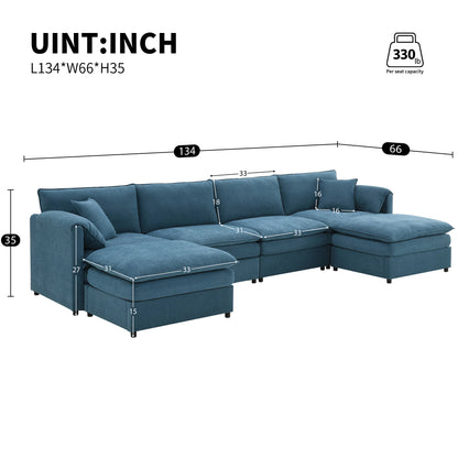 Sofá modular seccional de chenilla de 134 x 66 pulgadas, conjunto de sofá nube en forma de U con cojines dobles, sofá cama de 6 plazas con otomanas, mueble de interior extragrande para sala de estar, 3 colores