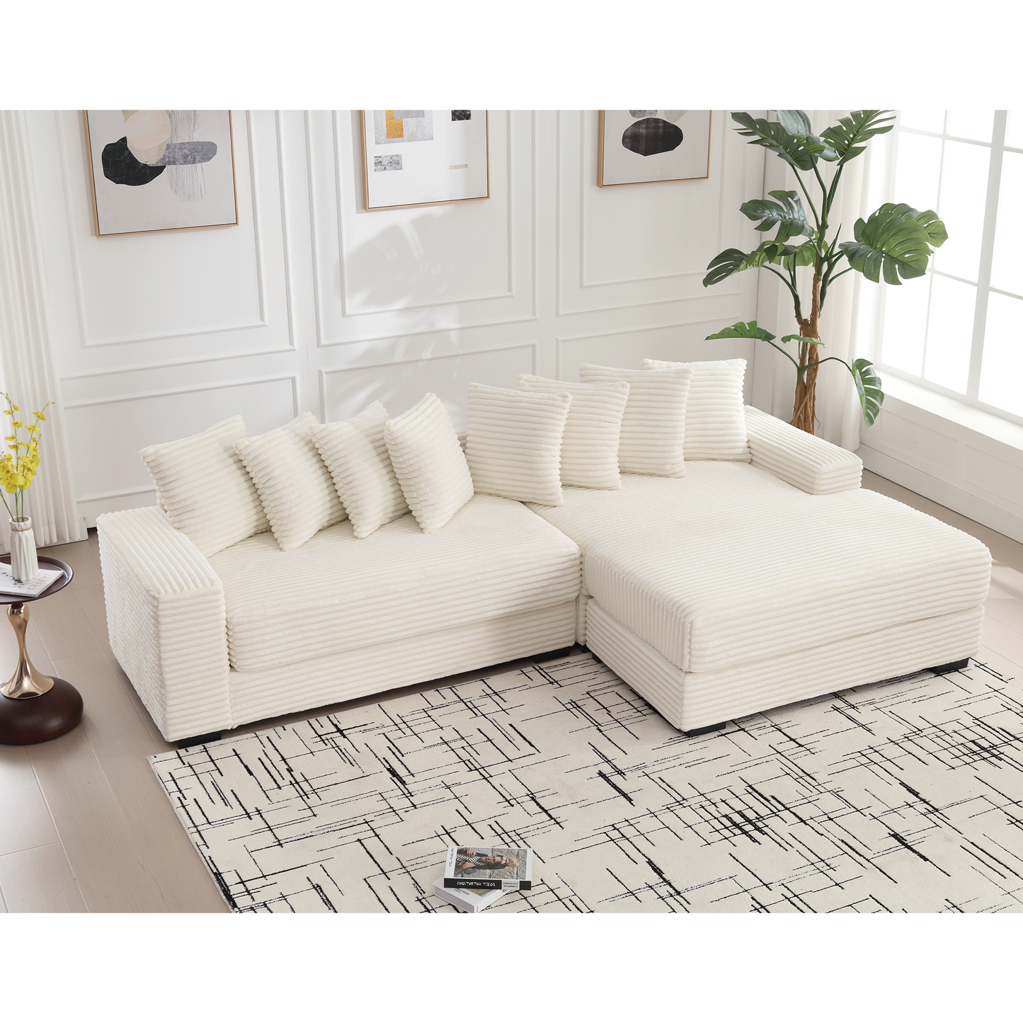 Oversized Two-Piece  Couches,  L Shaped Sofa, Corduroy, Right Chaise Daybed,with Armrests,Eight Throw Pillows,Corner Sofa,Easy To Assemble, Beige