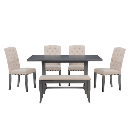 TREXM 6-Piece Farmhouse Dining Table Set, Rectangular Trestle Table and 4 Upholstered Chairs & Bench for Dining Room (Antique Gray)