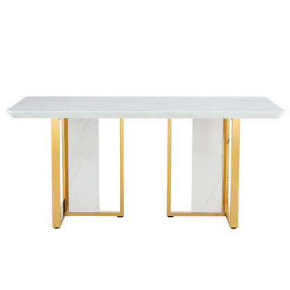 Table and chair set.67"x36" White marble pattern MDF Dining Table Set with 8 Dark Gray PU Chairs.MDF sticker,White marble pattern sticker,Gold C-tube chair legs,Suitable for kitchen,Dining room,etc.