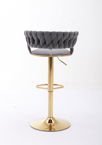 Set of 2  Bar Stools,with Chrome Footrest and Base Swivel Height Adjustable Mechanical Lifting Velvet + Golden Leg Simple Bar Stool-gray