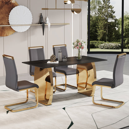 Table and chair set,Modern rectangular table with 0.4 inch black patterned tabletop and gold legs, suitable for kitchen, dining room, and living room , Comfortable PU seats,perfect for dinner, meet