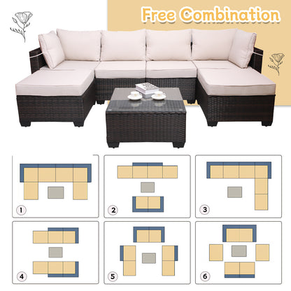 7pc Brown & Beige Patio Set – Outdoor Rattan Sectional w/ Glass Table