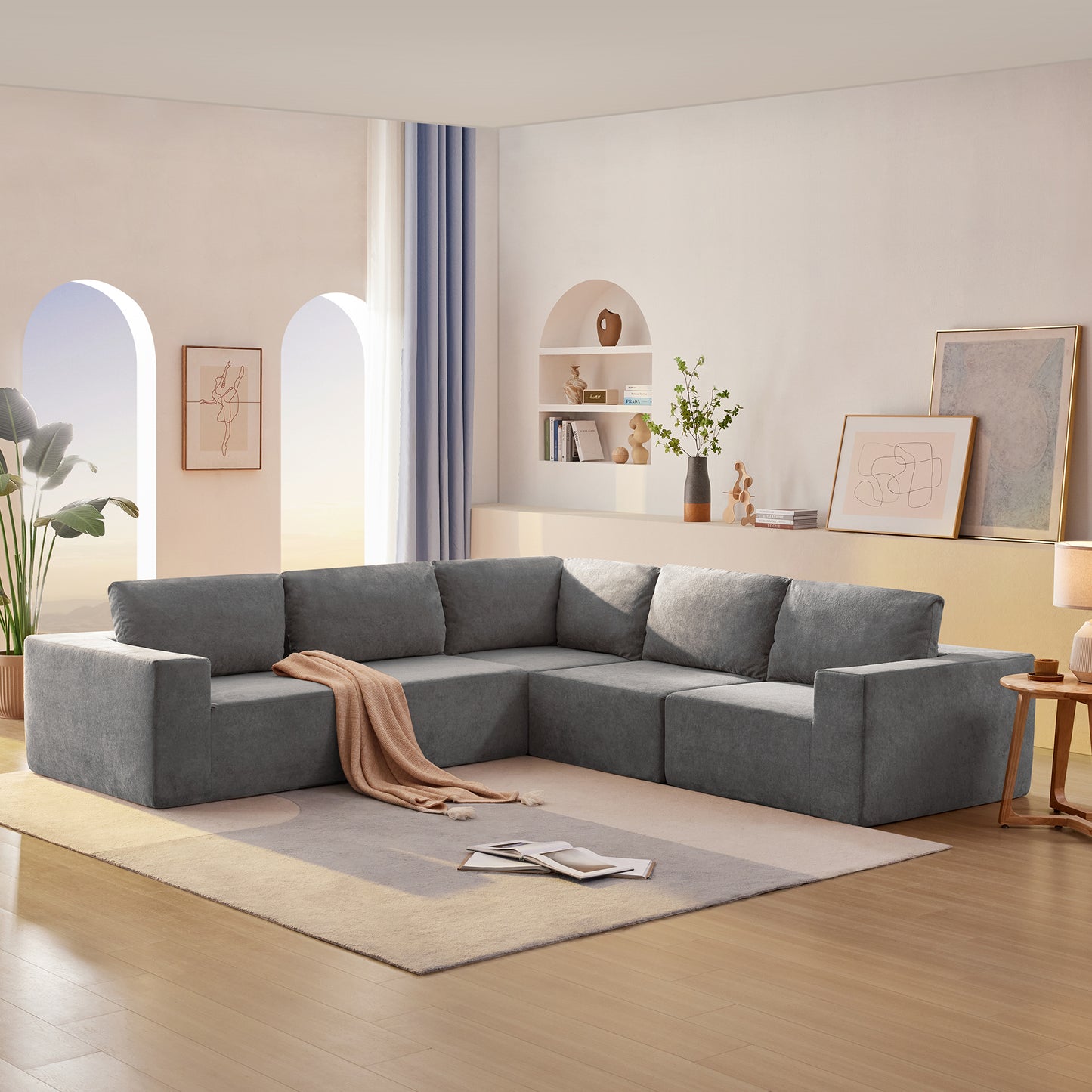 Sofá modular seccional en forma de L de 116 x 116 pulgadas, juego de sofá de piso de lujo, muebles de interior tapizados, sofá de espuma comprimida para sala de estar y dormitorio, combinación de 5 piezas, 3 colores