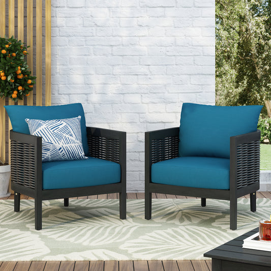 Set of 2, Outdoor Acacia Wood Wicker Club Chair with Cushions,Patio Furniture Conversation Seat for Backyard, Black + Dark Teal Cushion, 27.50' W x 29.50' D x 24.75' H