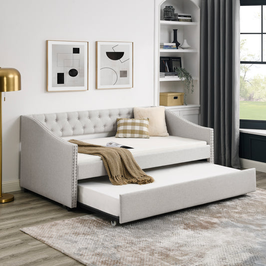Twin Size Daybed with Twin Size Trundle Upholstered Tufted Sofa Bed, with Button on Back and Copper Nail on Waved Shape Arms, Beige (80.5'x41'x30.5')