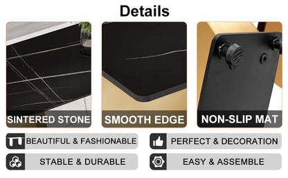 Table and chair set,Modern rectangular table with 0.4 inch black patterned tabletop and gold legs, suitable for kitchen, dining room, and living room , Comfortable PU seats,perfect for dinner, meet