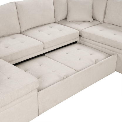 Sofá seccional extragrande de 117.3" en forma de U, sofá cama extraíble con dos cojines para sala de estar, color beige