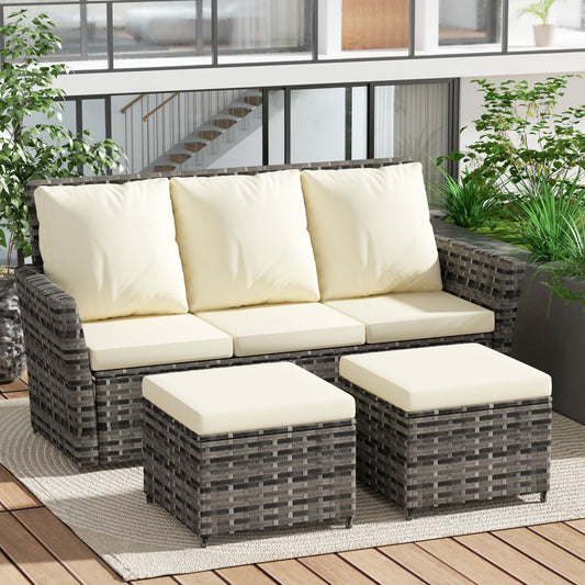 3 Piece Patio Furniture Set, Outdoor Wicker Sofa Rattan Patio Conversation Sets, All-Weather PE Wicker Furniture Sets with Two Ottoman for Porch, Backyard, Balcony