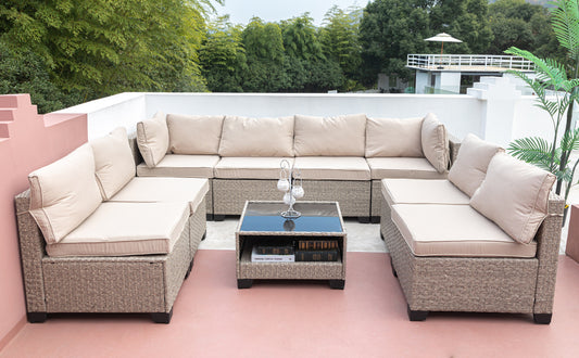 9-Piece Patio Furniture Set, All-Weather Boho Outdoor Conversation Set Sectional Sofa with Water Resistant Grey Thick Cushions