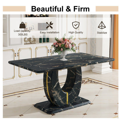 Table and chair set.Black Marble Pattern MDF Dining Table Set - 63"x37" with 6 Light Gray PU chairs with Featuring Arched Golden Metal legs.