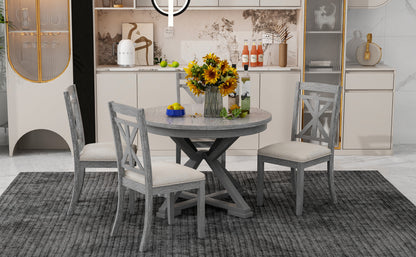 TREXM 5-Piece Retro Functional Dining Table Set Extendable Round Table and 4 Upholstered Chairs for Dining Room and Living Room (Grey)