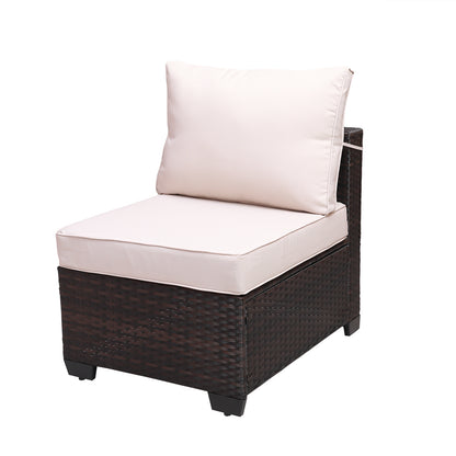 7pc Brown & Beige Patio Set – Outdoor Rattan Sectional w/ Glass Table