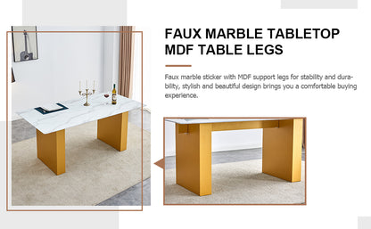 Table and chair set.Large modern rectangular table with 0.4 inch patterned glass tabletop and large MDF table legs.Comes with 6 chairs with faux leather cushioned seats and golden metal legs.