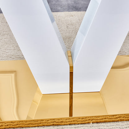 Table and chair set.Subtle Luxury Clear Tempered Glass Dining Set - 71"x35.4" with 6 Light Gray PU Chairs.C-tube Gold Metal Chair Legs.Bring a comfortable home experience to the kitchen, bedroom.