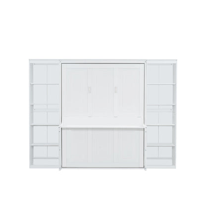 Queen Size Murphy Bed with Desk and Bookshelf, White