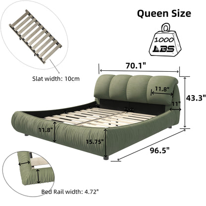 Queen Size Luxury Upholstered Platform Bed with Oversized Padded Backrest and Solid Wood Frame,suitable for Multiple heights of mattresses,Green(Old Sku:W1885S00018)
