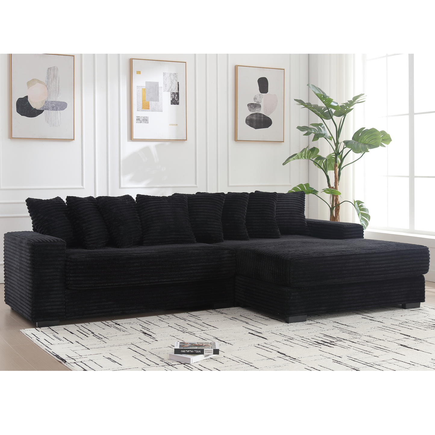 Oversized Two-Piece  Couches,  L Shaped Sofa, Corduroy, Right Chaise Daybed,with Armrests,Eight Throw Pillows,Corner Sofa,Easy To Assemble,  Black