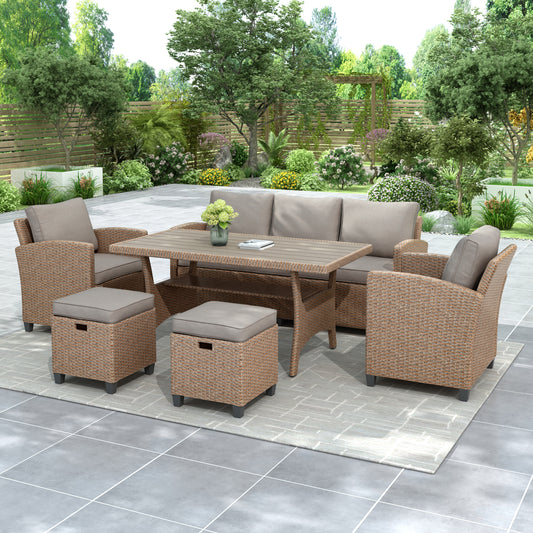 TOPMAX 6-Piece Outdoor Rattan Wicker Set Patio Garden Backyard Sofa, Chair, Stools and Table, Natural