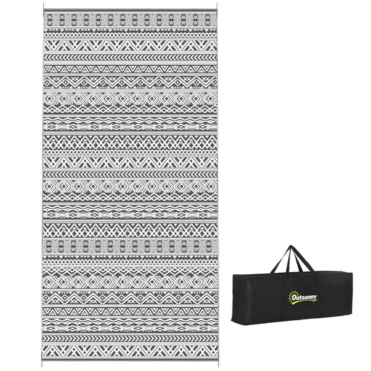 Outsunny Reversible Outdoor Rug, 9' x 18' Waterproof Plastic Straw Floor Mat, Portable RV Camping Carpet with Carry Bag, Large Floor Mat for Backyard, Deck, Picnic, Beach, Gray & Cream White Boho