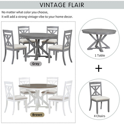 TREXM 5-Piece Retro Functional Dining Table Set Extendable Round Table and 4 Upholstered Chairs for Dining Room and Living Room (Grey)