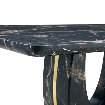 Table and chair set.Black Marble Pattern MDF Dining Table Set - 63"x37" with 6 Light Gray PU chairs with Featuring Arched Golden Metal legs.