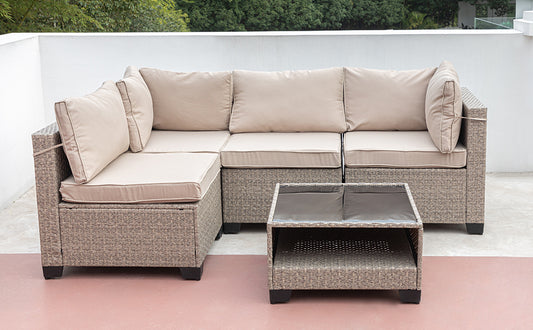 5-Piece Patio Furniture Set, All-Weather Boho Outdoor Conversation Set Sectional Sofa with Water Resistant Grey Thick Cushions