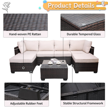 7pc Brown & Beige Patio Set – Outdoor Rattan Sectional w/ Glass Table