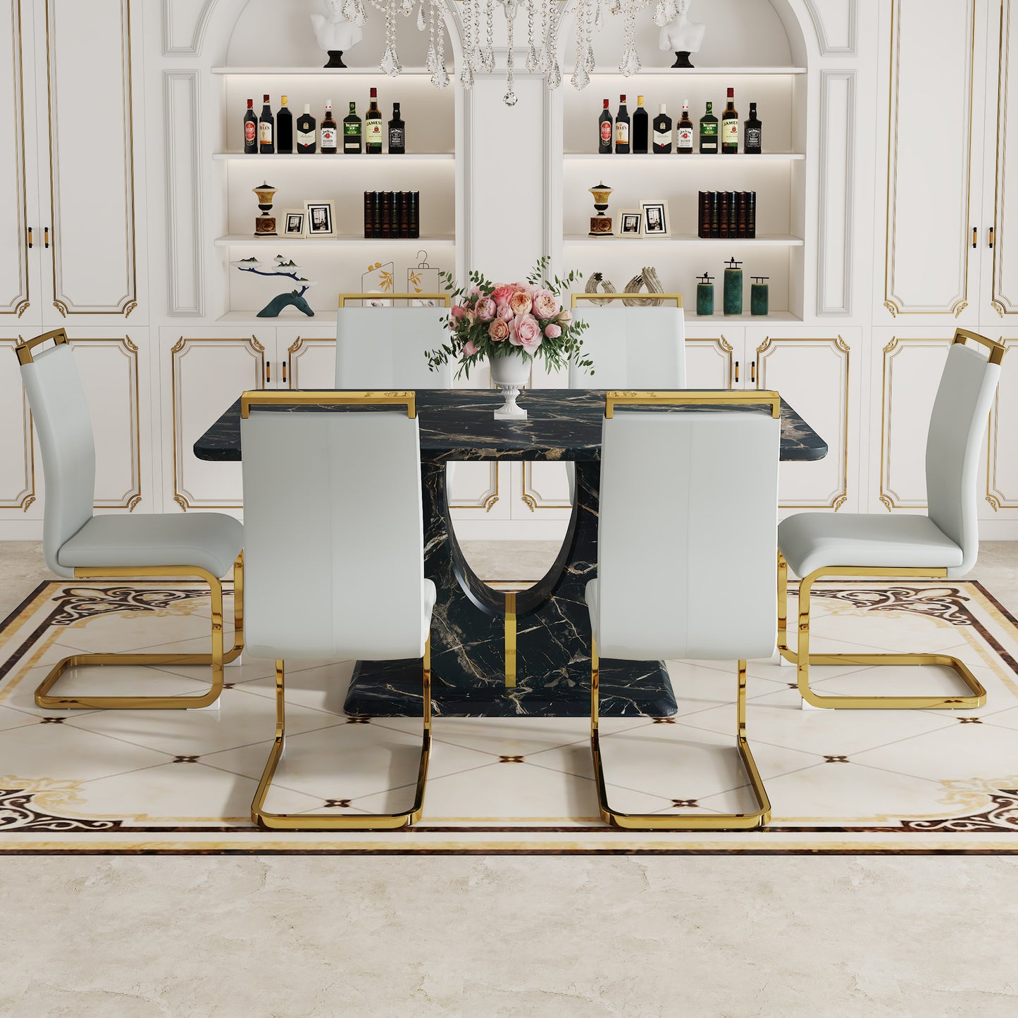 Table and chair set.Black Marble Pattern MDF Dining Table Set - 63"x37" with 6 Light Gray PU chairs with Featuring Arched Golden Metal legs.