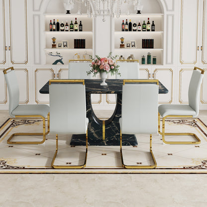 Table and chair set.Black Marble Pattern MDF Dining Table Set - 63"x37" with 6 Light Gray PU chairs with Featuring Arched Golden Metal legs.