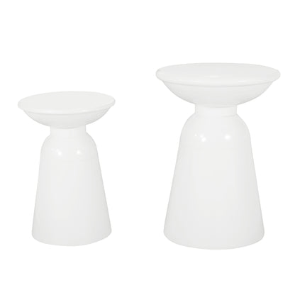 Serenita Outdoor Iron Side Tables with Flared Design, Set of 2 , White