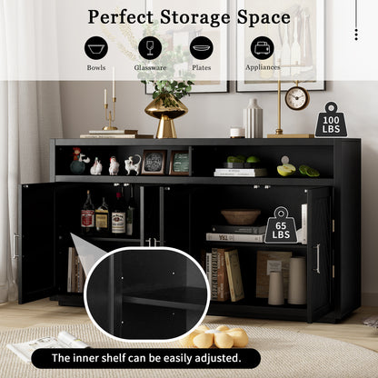 TREXM 4-door Classic Sideboard with Open Storage and Adjustable Shelves Perfect for kitchens,  living rooms (Black)