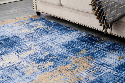 Alfombra de área súper suave lavable a máquina con diseño abstracto azul dorado (3,25 m x 2,35 m) de la colección ZARA