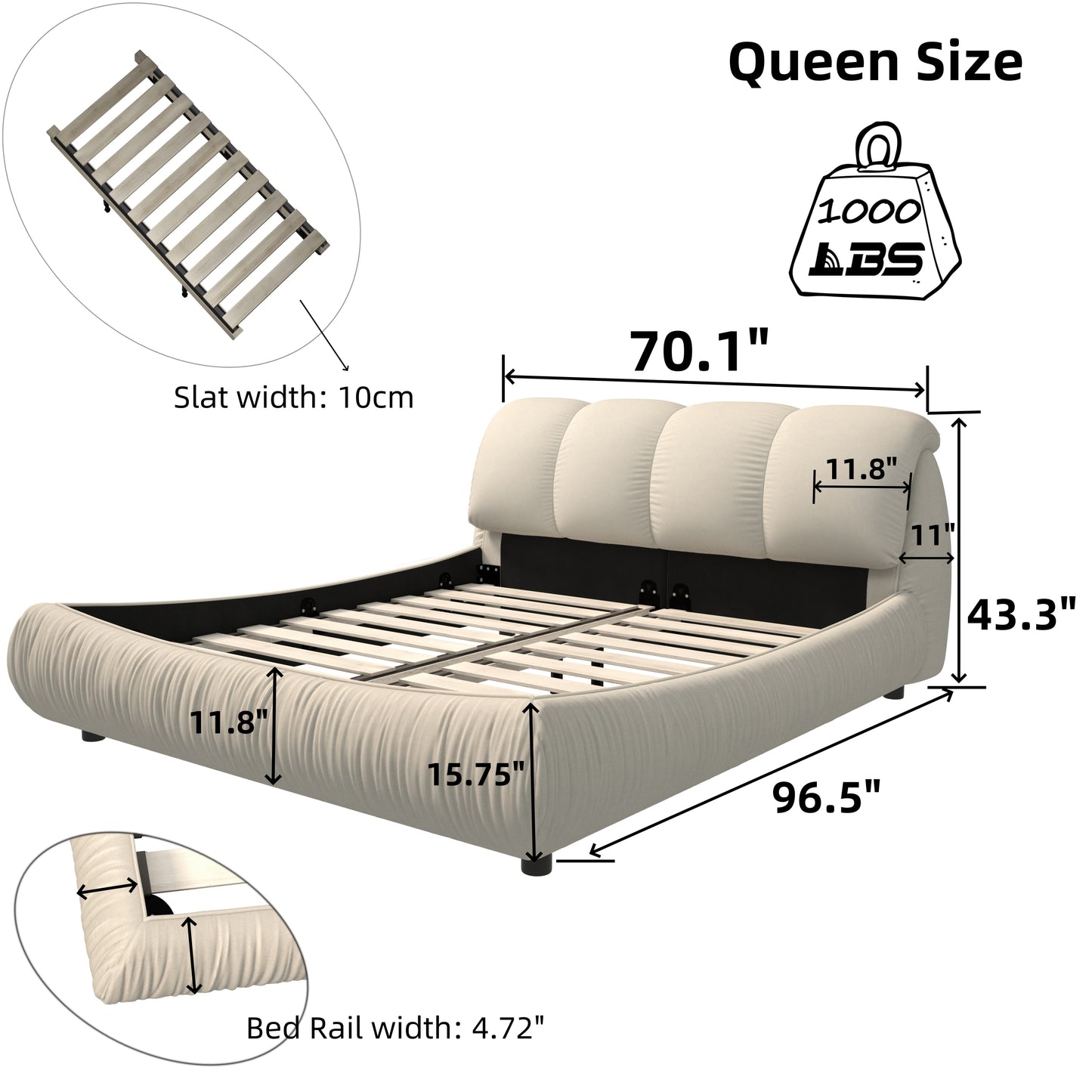 Queen Size Luxury Upholstered Platform Bed with Oversized Padded Backrest and Solid Wood Frame,suitable for Multiple heights of mattresses,Beige(Old Sku:W1885S00014)