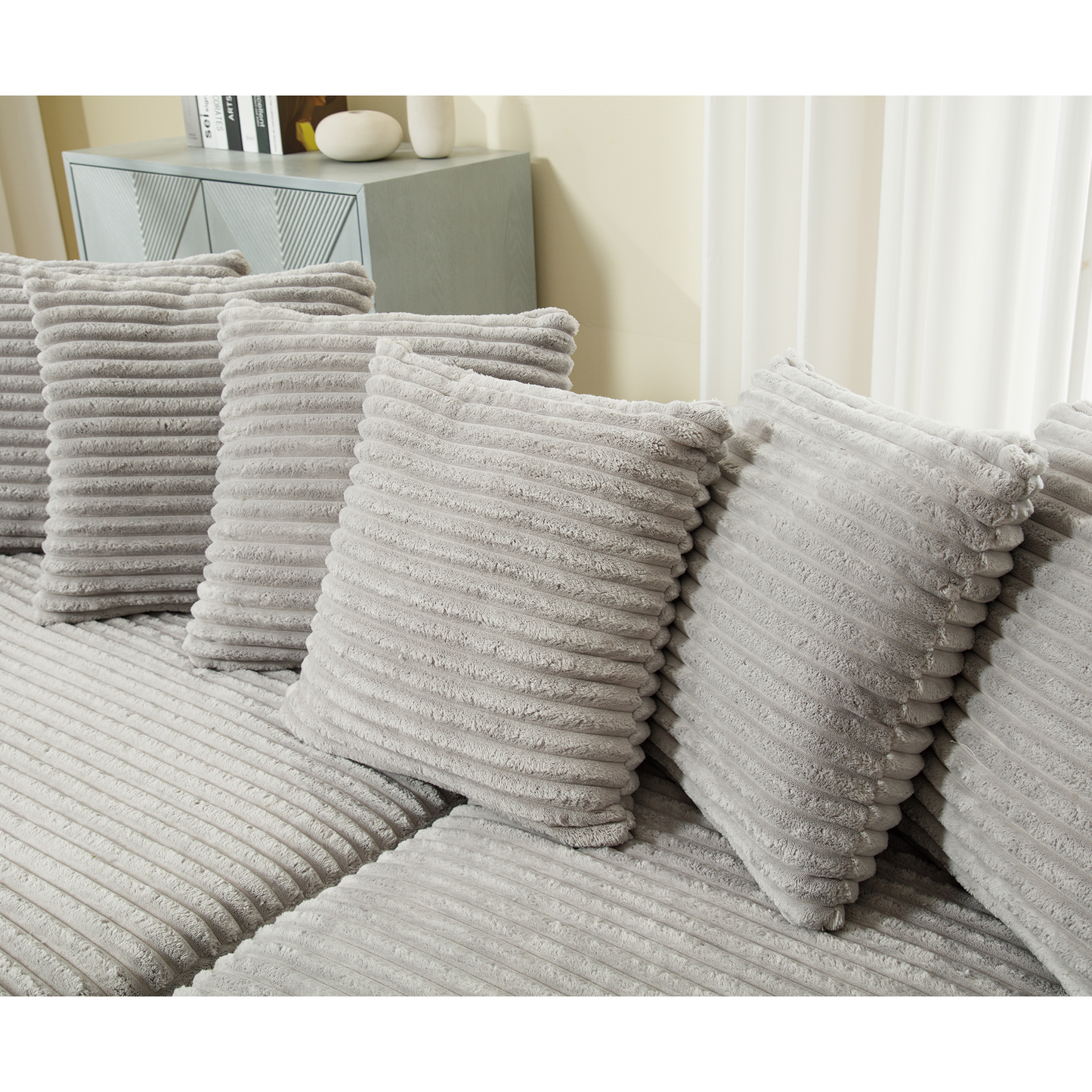 Oversized Two-Piece  Couches,  L Shaped Sofa, Corduroy, Left Chaise Daybed,with Armrests,Eight Throw Pillows,Corner Sofa,Easy To Assemble,  Gray