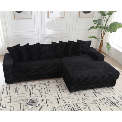Oversized Two-Piece  Couches,  L Shaped Sofa, Corduroy, Right Chaise Daybed,with Armrests,Eight Throw Pillows,Corner Sofa,Easy To Assemble,  Black