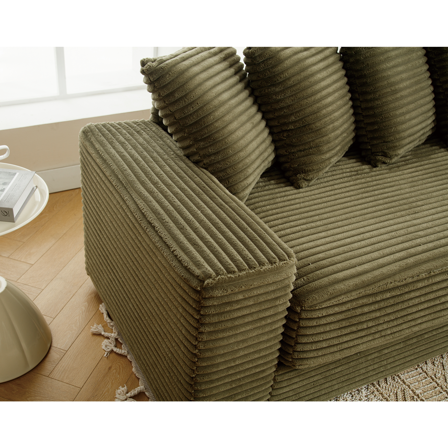 Oversized Two-Piece Couches, L Shaped Sofa, Corduroy, Right Chaise Daybed,with Armrests,Eight Throw Pillows,Corner Sofa,Easy To Assemble, Green