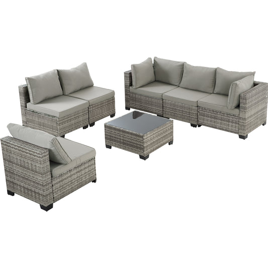 7 Piece Outdoor PE Wicker Furniture Set, Patio Gray Rattan Sectional Sofa Couch with Washable Cushions